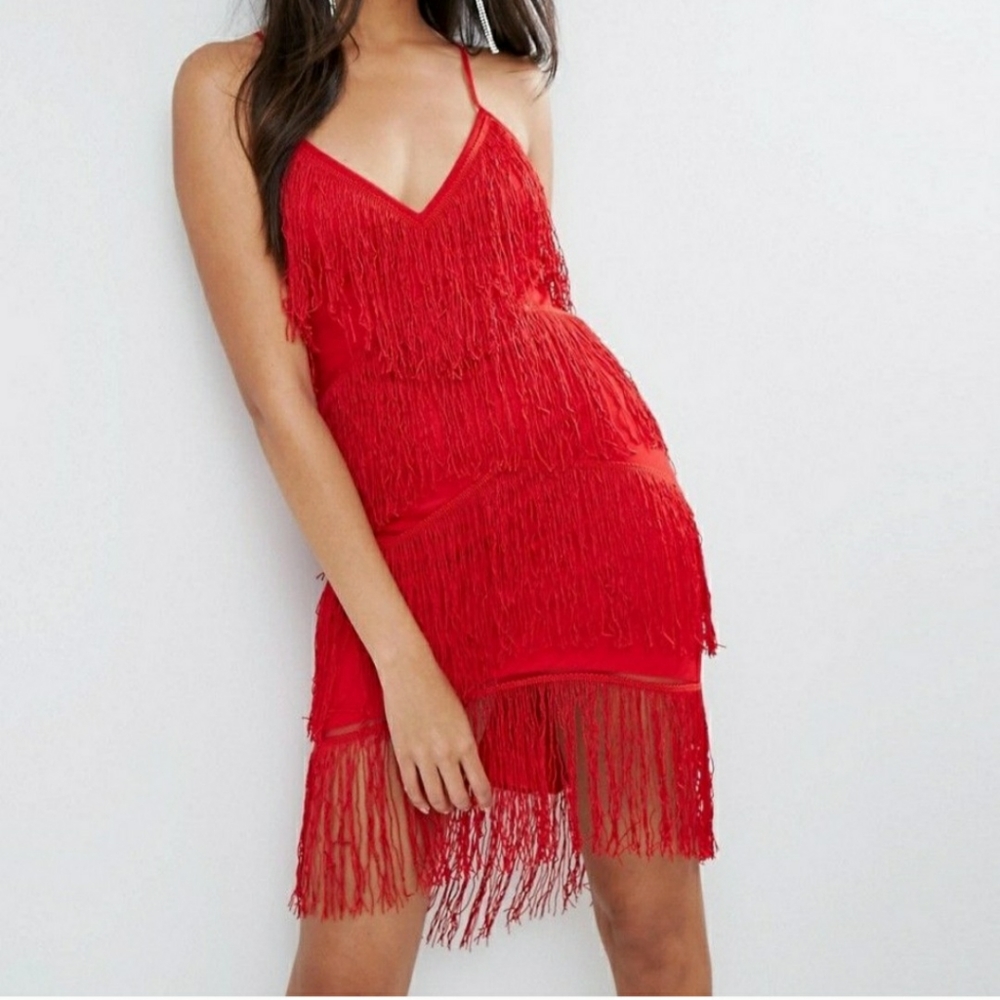 ASOS Red Fringe Mesh Strappy Mini Bodycon Dress